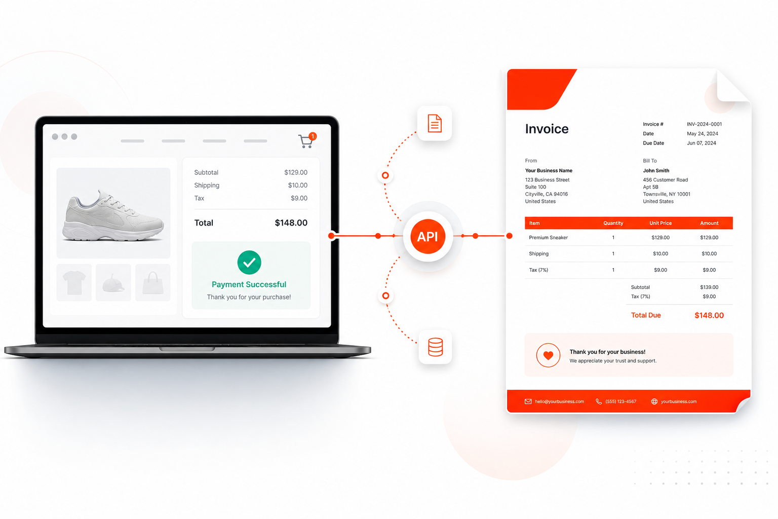 Website checkout connected to Workinv invoice API — automated PDF invoice generation